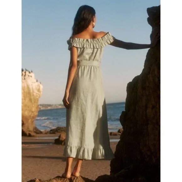 Reformation 100% Linen Sycamore Off Shoulder Midi Dress in Dried Herbs Green S - Picture 2 of 9